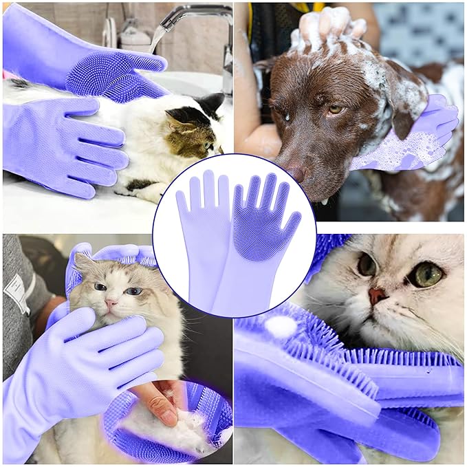ZENELANEP Pet Grooming Gloves with High-Density Teeth, Silicone Five Finger Design for Washing, Massaging Dogs and Cats (Purple)