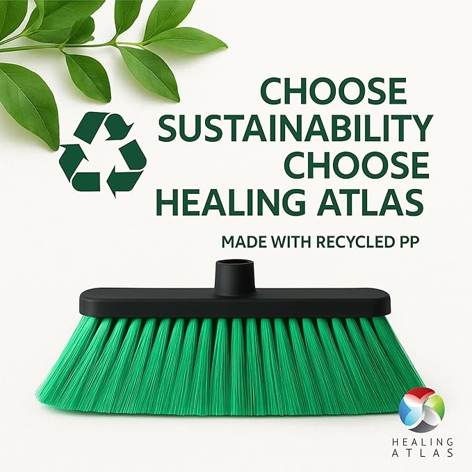 Healing Atlas Aria Green Broom Head – 13” Sweeping Width – Soft/Firm Magnetic Flagged Bristles – Universal Thread – Recycled PP – Daily Indoor Sweeper (Green, ARIA)