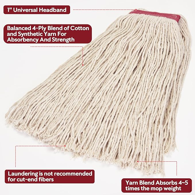 Matthew Cleaning 20oz 6Pack Cotton Floor Mop,Cotton Looped-Open String Heavy Duty String Refills, Universal Headband Blend Material,Mop Head Replacement for Home, Industrial and Commercial Use(White)