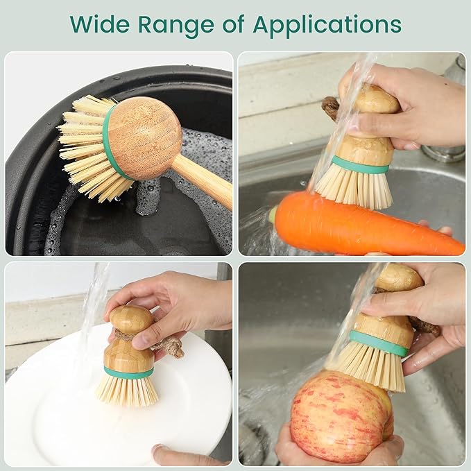 TOPULORS Set of 3 Bamboo Dish Scrub Brushes Wooden Handle Stiff Bristles Scrubbers for Cast Iron Pans Pots Vegetables Sink Cleaning - Durable Kitchen Dish Washing Brush (2 Mini and 1 Long Handle)…