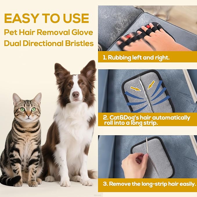 BABORUI Pet Hair Removal Glove - 2 Pack Electrostatic Gloves Pet Hair, Remover Glove Lint Rolls into Strips, Cat and Dog Hair Remover Tool for Furniture, Car, Couch, Carpet, Clothes