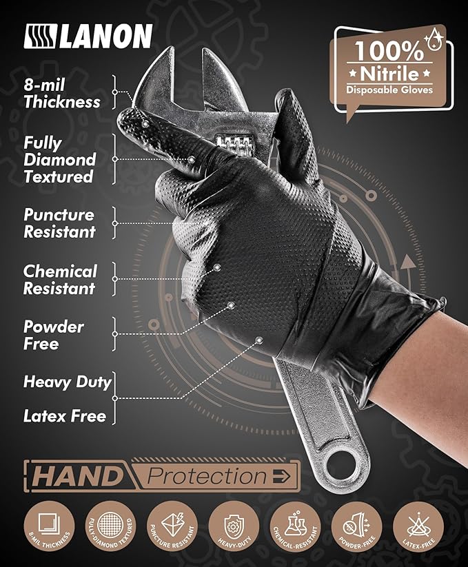 LANON 8 Mil Heavy Duty Black Nitrile Gloves, Food Safe, Latex Free, Mechanic, Fully-Diamond Textured Grip Industrial Disposable Gloves, X-Large