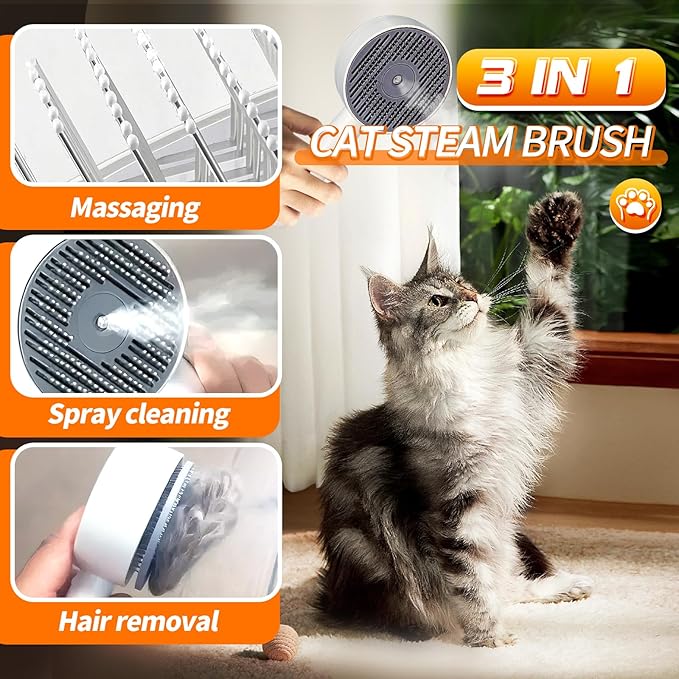 PHIXBEAR 3 in 1 Cat Steam Brush, Self-Cleaning Anti-Static Pet Spray Hair Removal Comb for Cats with Release Button and Tank, Rechargeable Steam Brush for Shedding, Massage and Cleaning