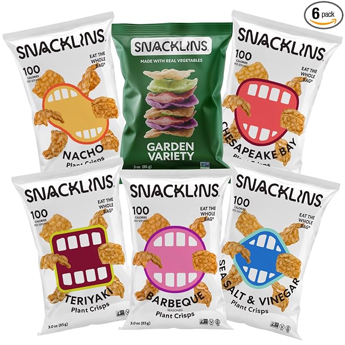 SNACKLINS Plant Based Crisps | Vegan Healthy Snacks | Gluten Free, Grain Free Sugar, Free, Low Calorie, 100% Kosher for Passover, Crunchy, Puffed Snack | 6 Flavor Sampler Pack (Full Size - 3oz, Flavor Sampler - 1 of each)