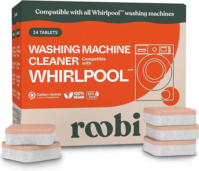 Roobi Washing Machine Cleaner Tablets compatible with Whirlpool. Deep Clean Formula Eliminates Odor, Residue & Build-Up. Carbon-Neutral & Septic-Safe 24-Pack Cleaning Tablets.