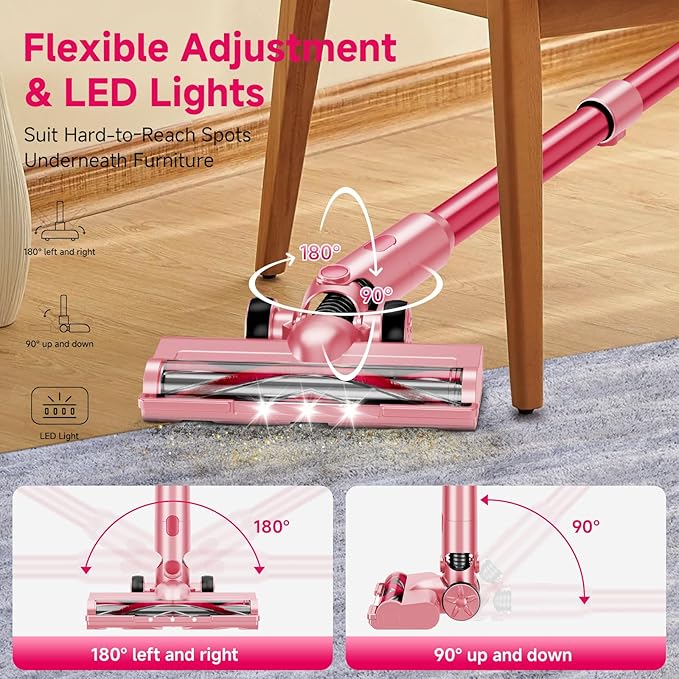 Vaconly Cordless Vacuum Cleaner, 8 in 1 40Kpa 55Mins,Lightweight Vacuum Cleaners for Home, Stick Vacuum with Anti-Tangle Brush,Wall Mount, Rechargeable Cordless Vacuum for Floor/Sofa/Pet Hair,Pink