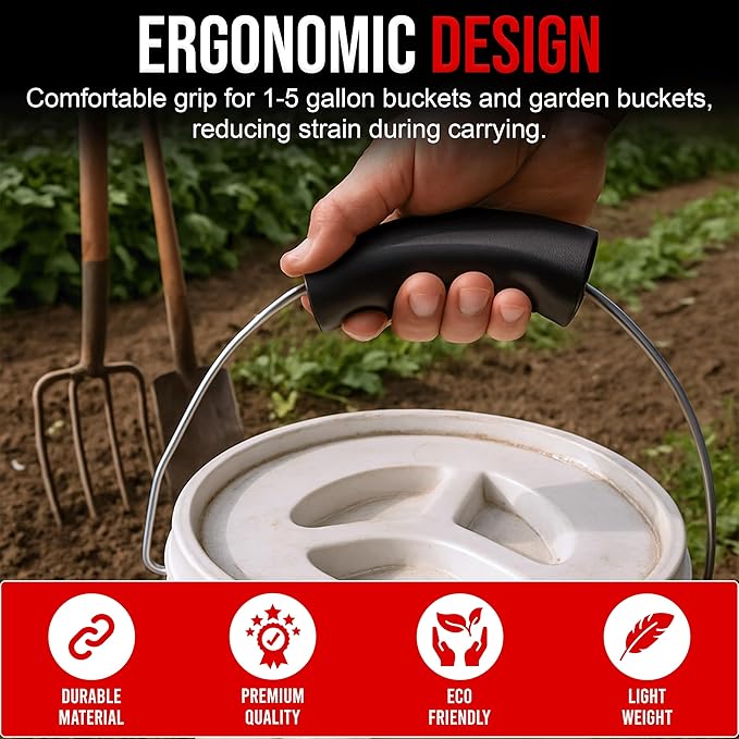 USA-Made Bucket Grip for 5 Gallon Buckets, Ergonomic, Durable Handle Grip for Heavy-Duty Buckets | Easy to Install, Comfortable for Gardening, Construction, DIY | Fits 5 Gal Handle