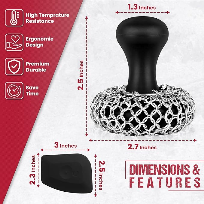Zylark 316L Chainmail Scrubber Cleaner - Chain Mail Scrubber Cast Iron - Cast Iron Skillet Scrubber - Chain Scrubber with Long Handle