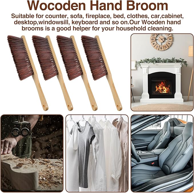 PercyEffie 8 PCS Wooden Dust Brush Bulk, Hand Broom Bench Brush with Long Wood Handle Whisk Broom, Soft Bristle Brushes for Counter/Bed/Sofa,Car/Clothes/Fireplace(Brown)
