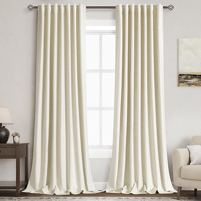 Warm Beige Linen Blackout Curtains 90 Inches Long Loop Pocket Rod Pocket Flax Linen Sound Absorbing Thermal Insulated Blackout 2 Panels Set for Dining Room Modern Urban Curtains Drapes 52x90