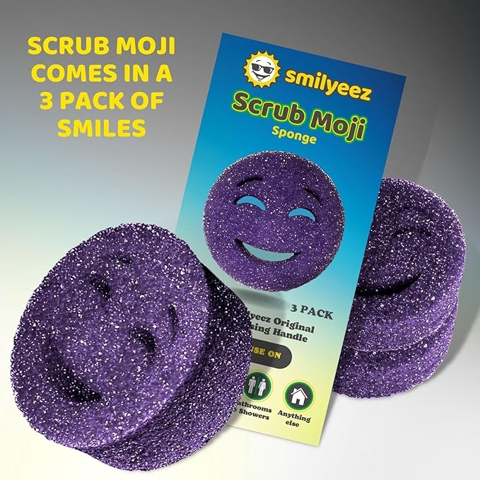 The Original Smiling Handle for Scrub Daddy (Reg. TM) Sponge and Scrub Moji Sponge - (Light Blue Handle) & 3 Purple Scrub Moji's