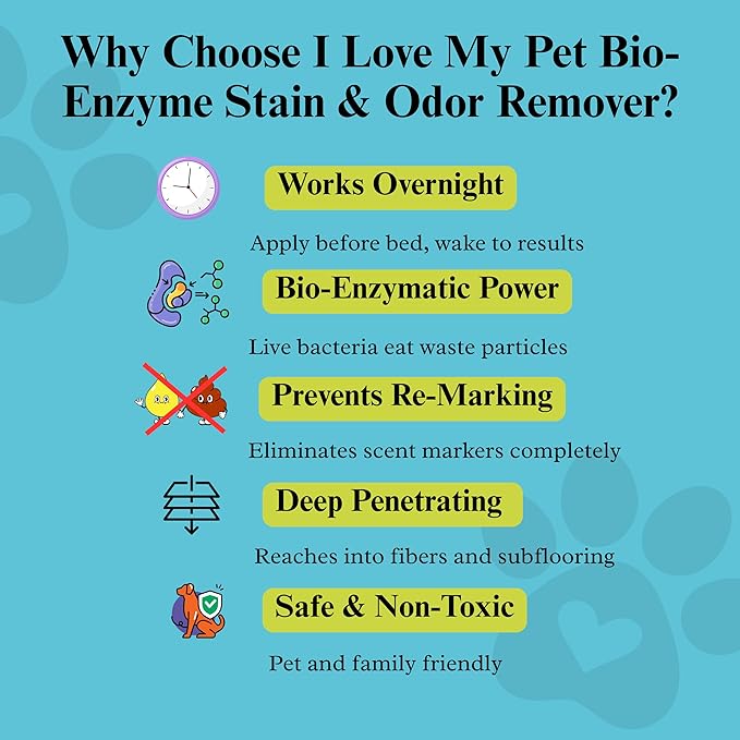Theochem I Love My Pet Enzyme Stain & Odor Eliminator for Dog & Cat Urine – Professional Strength Cleaner for Carpets, Furniture & Upholstery – Pet-Safe, Works on Set-In Odors – 32 oz