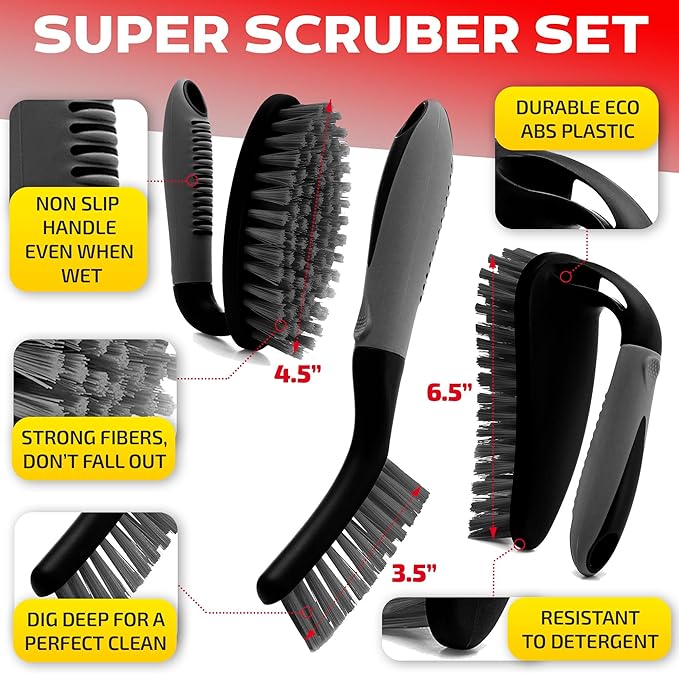 Scrub Brush Set of 6 pcs - Cleaning Shower Scrubbers with Squeegee for Shower Glass and Adhesive Wall Hooks Including Grout Cleaner Brush, Scrub Brushes for Cleaning Bathroom, Shower, Tile, Bathtub