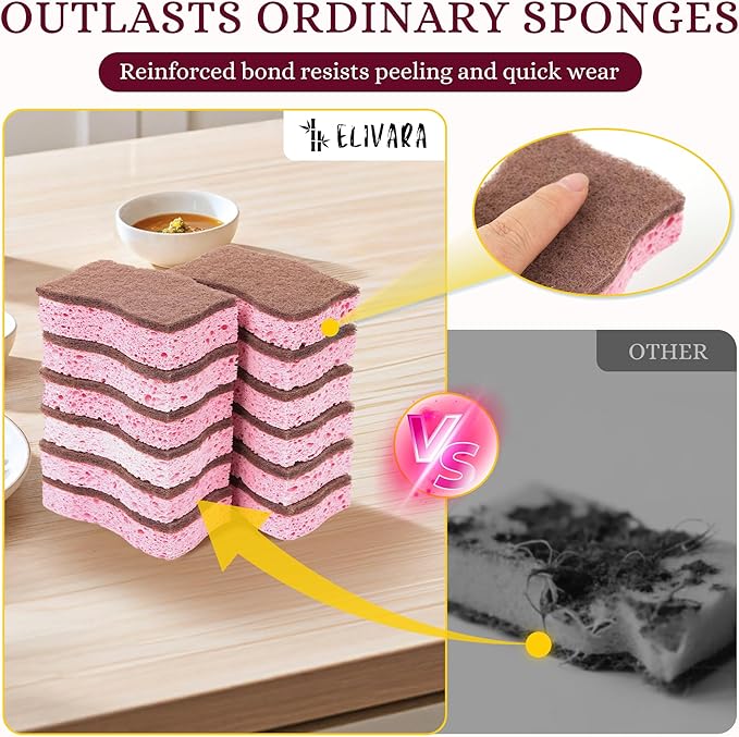 ELIVARA Kitchen Sponges – 12 Pack – Non-Scratch Dual-Sided Cellulose Scrub Sponges for Dishes, Pots, and Pans – Durable, Absorbent, and Reusable (Brown/Pink)