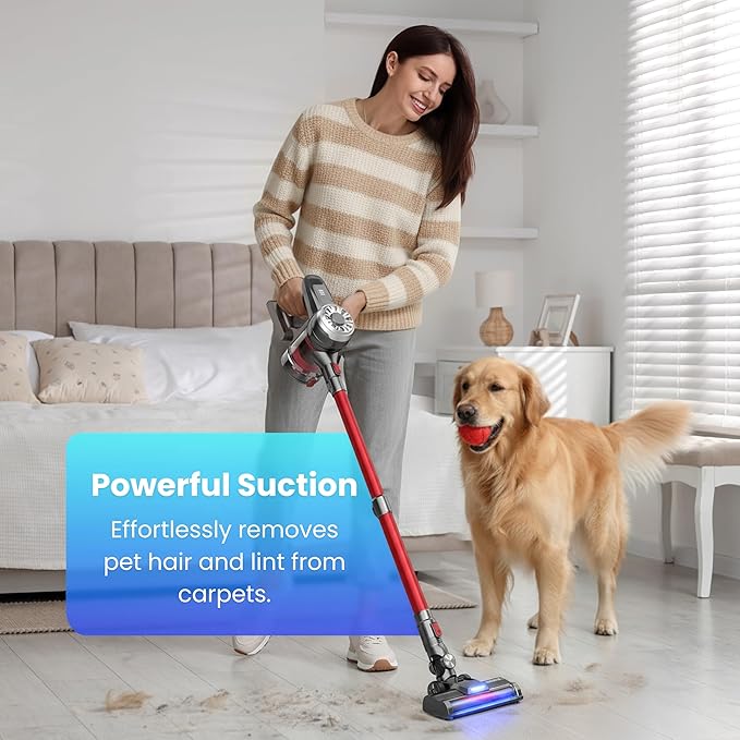 BARNMO Cordless Stick Vacuum, Red, 45 Min Runtime, LED Headlights, 2-Speed, Telescopic Tube with Main Vacuum Brush, Crevice Tool, dust Brush, Removable-Rechargeable Battery Pack with Charging Cord