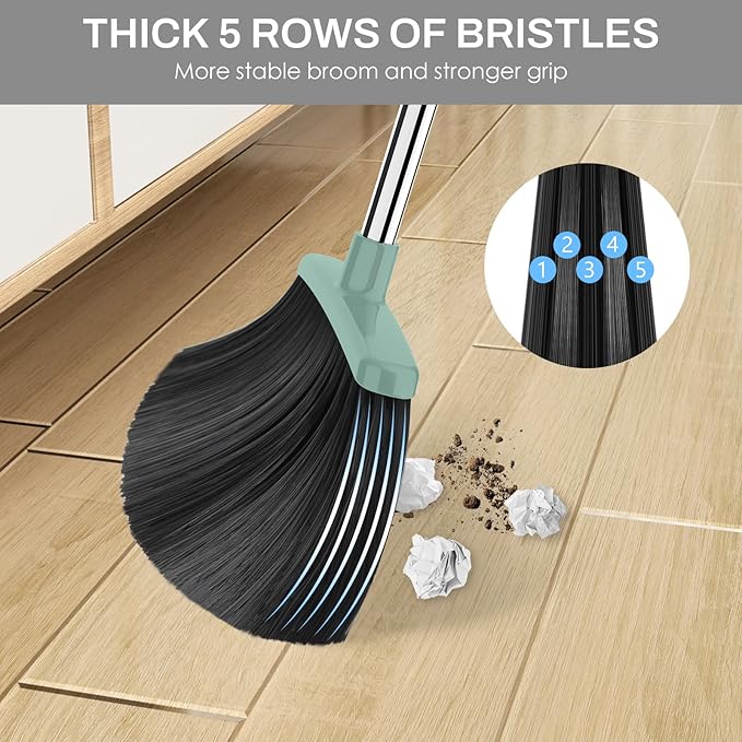 EZKEY Broom and Dustpan Set for Home, 51-in Long Adjustable Handle Angle Broom and Dustpan Combo Set with Dust Pan Teeth to Clean Hair for Home Kitchen Office Lobby Floor Garden, Green