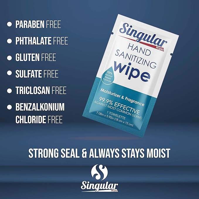 Hand Sanitizing Wipes Travel Size by Singular Wipes – 100ct Individually Wrapped | Fresh Citrus Scent, Moisturizing, 70% Alcohol Wipes | Travel, Office, School, Home | Made in USA