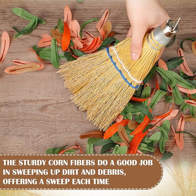 Suclain 8 Pcs 12 Inch Whisk Broom Hand Held Mini Corn Straw Whisk Broom Short Handle with Metal Hanger Halloween for Multi Surface Sweeping Small Hand Brush for Outdoor Car Porch Debris Dust Dirt