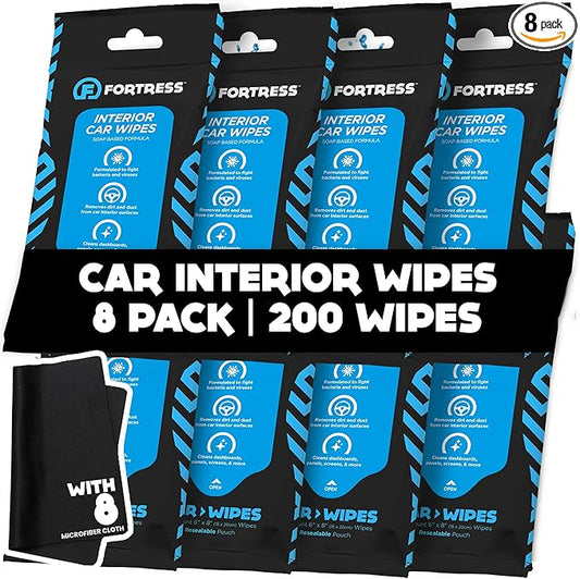 Fortress Car Interior Wipes with Microfiber Cloth (25 ct, Pack of 8) for Car Interior Cleaning, Dashboard, Seats, Detailing, and Steering Wheel [Travel Size] Skin-Safe Car Interior Cleaner Supplies