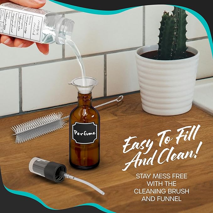 Nevlers 1 Oz Amber Glass Spray Bottles Small 24 Pack | Travel Spray Bottle Set w/Shrink Wrap, Funnel, Brush, Marker, & Labels | Dark Glass Bottles for Oil & Water | Perfume Travel Refillable Bottle