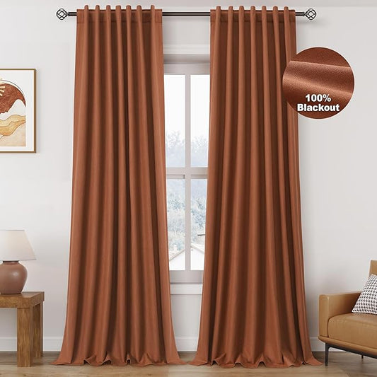 Nanspring Terracotta Linen 100% Blackout Curtains 95 inch Length Back Tab Rod Pocket Drapes Thermal Insulated Textured Living Room Black Out Curtains 2 Panels Set 52x95