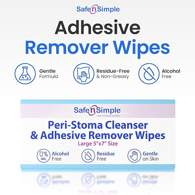 Safe n’ Simple Adhesive Remover for Skin - 75 Individually Wrapped 5"x7" Sting Free Alcohol Free Medical Adhesive Remover Wipes - Gentle Stoma & Ostomy Adhesive Removal Pads for Sensitive Skin