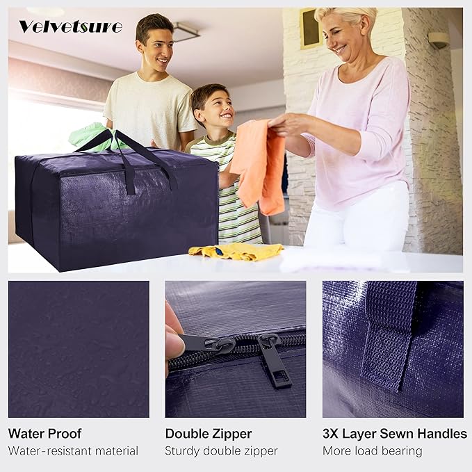 12 Pack Heavy Duty Extra Large Moving Bags W/Backpack Straps - Strong Handles & Zippers, Storage Totes For Space Saving, Fold Flat, Alternative to Moving Box and Storage Bin, Blue