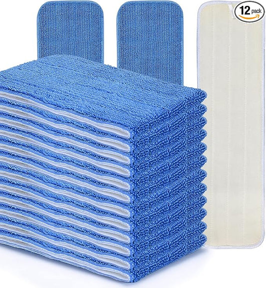 MATTHEW 18'' Microfiber Spray Mop Replacement Pads Heads for Wet Dry Reusable Mops Floor Home Commercial Cleaning Refills, Machine Washable Fits Compatible with Bona Mop&Most Spray Mops Blue (12 Pack)