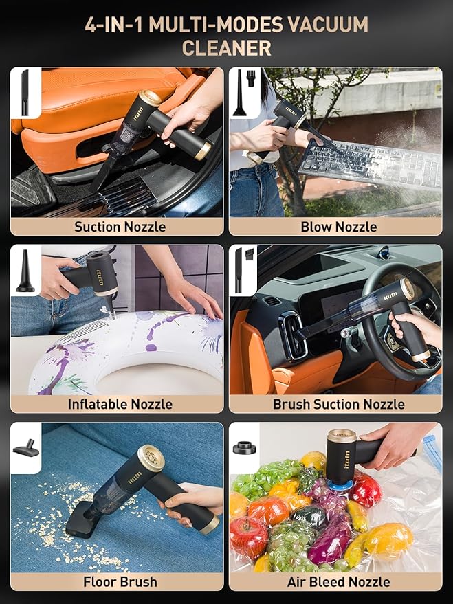 itutn Mini Car Vacuum Cleaner, 15000PA Powerful Suction, Portable Cordless Vacuum for Car, Handheld Small Vacuum Cleaner & Air Duster for Home, Desk,PC, Keyboard (Mini Vacuum + 11 attachments)