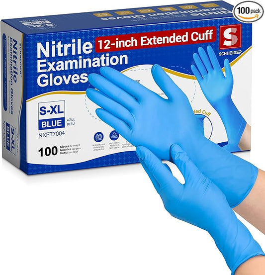 Schneider Nitrile Exam Gloves, Extended 12 Inches Cuff, X-Large, 100-ct Box, 4 mil, Gloves Disposable Latex Free, Powder Free for Medical, Food Prep, Cleaning, Cooking, Blue