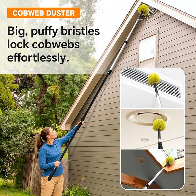 ARTIPOLY 20 Foot Telescoping Extension Pole Kit, 5-in-1 High Reach Duster with Chenille Window Squeegee Microfiber Feather Cobweb Duster for Ceiling Wall Hard-to-Reach Indoor & Outdoor Cleaning Yellow