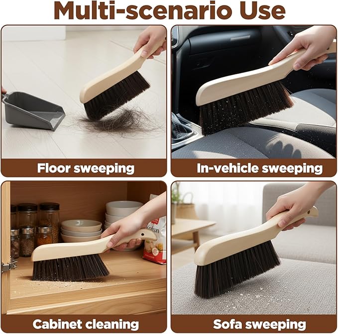 Afcabakila 6 Pieces Wooden Hand Broom, Soft Bristle Dust Brush with Long Wood Handle, Cleaning Brush for Furniture, Car, Sofa, Bed, Fireplace, Bench, Counter, Clothes, Household Cleaning, Brown
