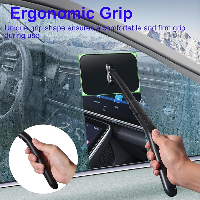 Windshield Cleaning Tool, Windshield Cleaning Wand Car Window Cleaner with 4 Washable Reusable Microfiber Pads, Detachable Long Handle Glass Wiper Cleaning Kit for Auto Glass, Trucks, SUVs, RVs, Home