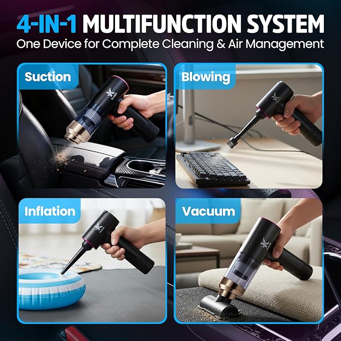 Klaasen Handheld Car Vacuum Cleaner, Dual Suction 7.5K & 12k Pa, Portable Mini | Blower, Inflator, Deflator and Dustbuster for Car, Home, Kitchen & Office | Black Color