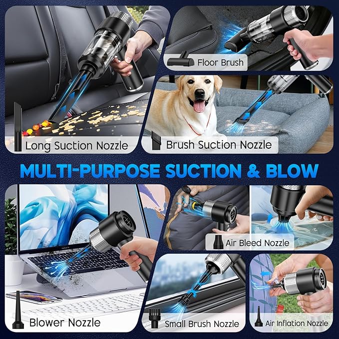JONYJ Handheld Car Vacuum Cleaner, 16000PA Hand Held Vacuum Portable Cordless, 2 in 1 Air Duster and Vacuum Cleaner with LED Light, Multi-Nozzles, 120W High Power Mini Vacuum for Home, Pet, Office