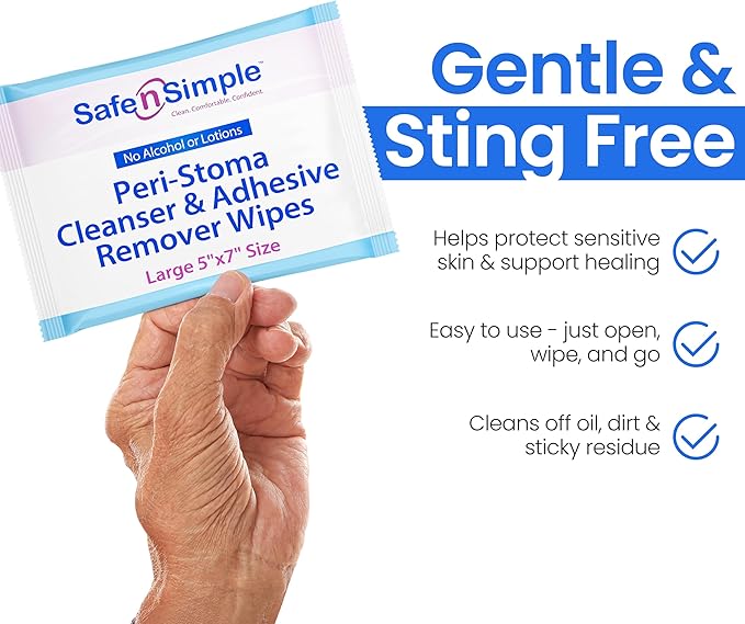 Safe n’ Simple Adhesive Remover for Skin - 75 Individually Wrapped 5"x7" Sting Free Alcohol Free Medical Adhesive Remover Wipes - Gentle Stoma & Ostomy Adhesive Removal Pads for Sensitive Skin