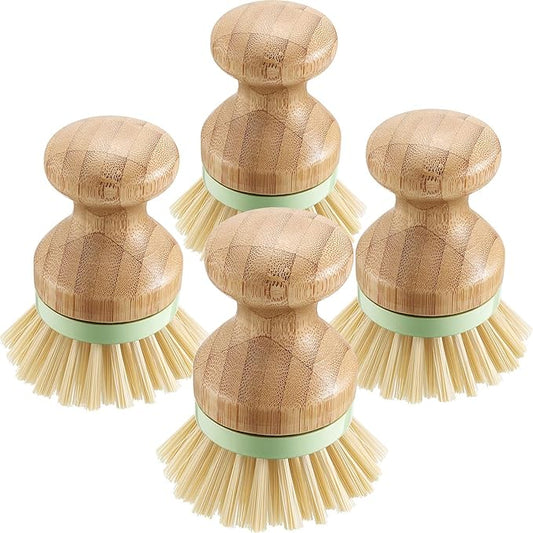 4 Pieces Bamboo Dish Scrub Brush with Holders Wooden Bamboo Round Scrubbers Stiff Bristles Pot Brushes for Wash Dishes, Pots, Pans, Kitchen Iron Pot Pan Sink(Classic Style,Green)