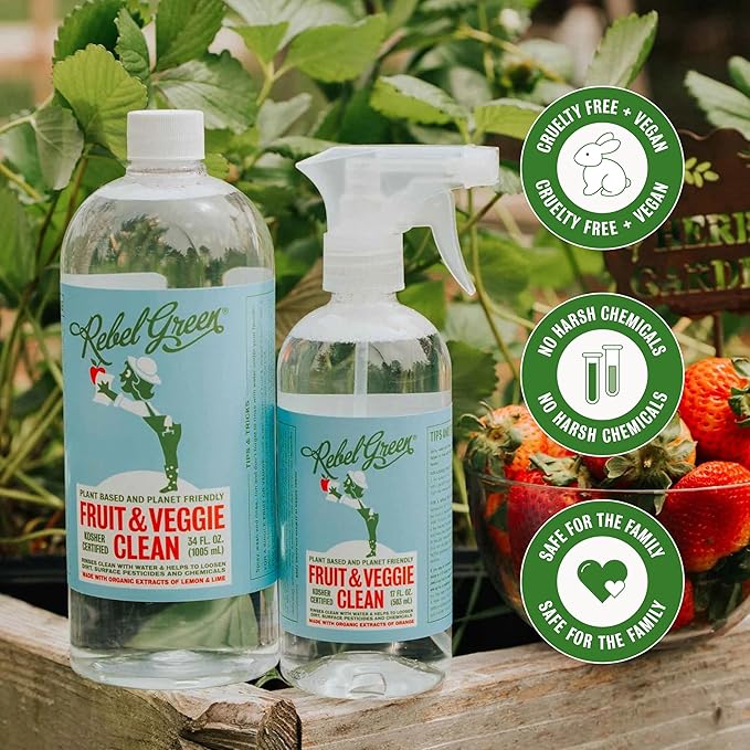 Rebel Green Fruit & Veggie Clean - Plant-Based Produce Cleaner - Natural Fruit and Vegetable Wash with No Aftertaste - Chemical & Wax Removal - Made with Organic Extracts of Citrus - Gallon