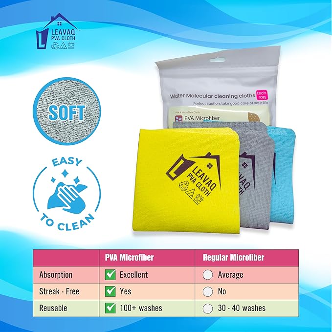 Leavaq 3-Pack PVA Microfiber Cleaning Cloth – 12"x12" Ultra Absorbent, Quick Dry, Streak-Free, Kitchen, Glass, Home & Office