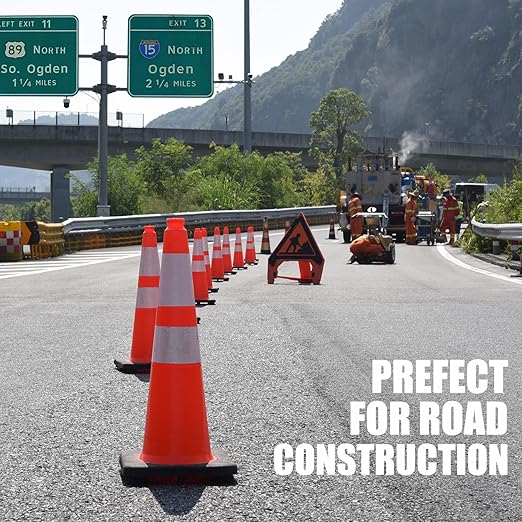 Fluorescent Orange PVC Traffic Cones, Heavy-Duty Black Base Garage Parking Lot Cones Structurally Stable Weatherproof Road Construction Safety Cones (8, Orange, 28" Large)