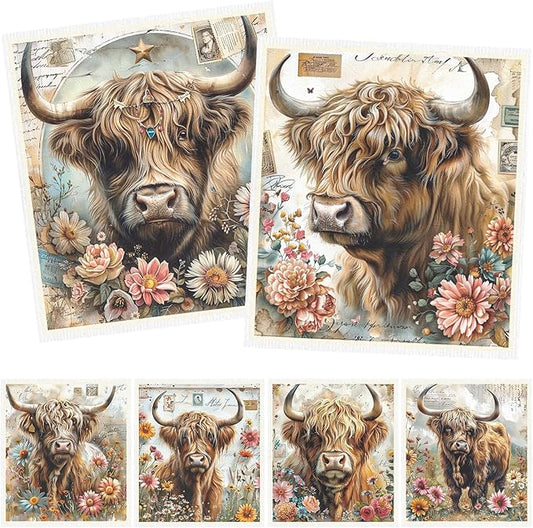 Highland Cow Swedish Dishcloths for Kitchen 6PCS Floral Highland Cow Swedish Cloths for Washing Dishes Reusable Flower Animals Themed Washable Cotton Kitchen Towels for Home Supplies