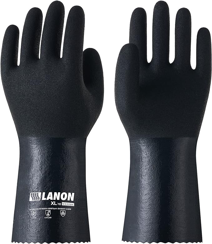 LANON Nitrile Chemical Resistant Gloves, Reusable Heavy-Duty Rubber Gloves with MicroFoam Textured Palm, Acid, Alkali and Oil Protection, Black, XXL