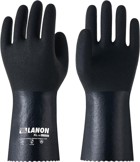 LANON Nitrile Chemical Resistant Gloves, Reusable Heavy-Duty Rubber Gloves with MicroFoam Textured Palm, Acid, Alkali and Oil Protection, Black, XXL