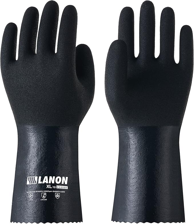 LANON 3 Pairs Nitrile Chemical Resistant Gloves, Reusable Heavy-Duty Rubber Gloves with MicroFoam Textured Palm, Acid, Alkali and Oil Protection, Black, XL