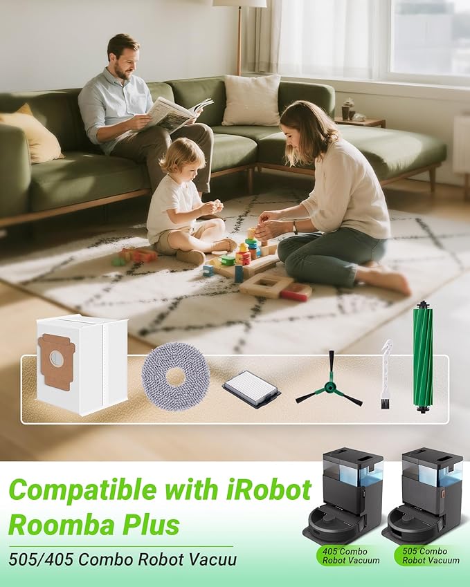 Mbetter 18 Pcs Replacement Parts for iRobot Roomba Plus 505/405 Combo Robot Vacuum Cleaner, Accessories with 1 Roller Brush, 6 Mop Pads, 3 Filters, 3 Side Brush,4 Vacuum Bags,1 Clean Tool