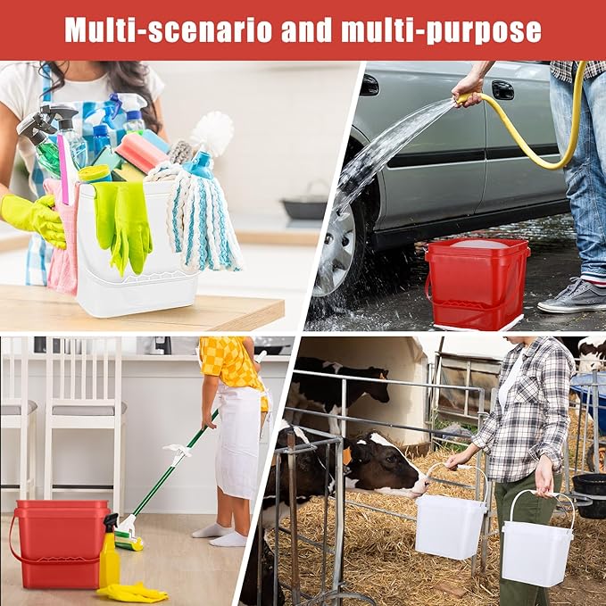 4 Pcs Plastic Bucket 5 Quart Square Bucket Utility Small Pail with Handle Sturdy Pail Organizer for House Cleaning Storage Livestock Feeding Car Washing Food Storage, No Lids(White)