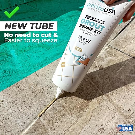 PentaUSA Tile Grout - Large Grout Filler Repairs Renews Tube, Fast Drying Grout Repair Kit, Odorless Formula - Grout Floater Included - 13.4oz / 380gr (Beige)