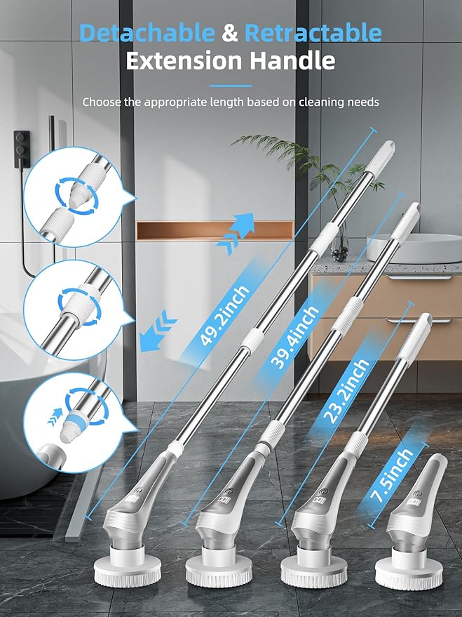 Electric Spin Scrubber,Cordless Shower Scrubber with Power Display Screen,IP68 Waterproof Bath Cleaning Brush,Adjustable Extension Handle & 2 Speeds,Electric Cleaning Brush for Bathroom,Kitchen,Tub
