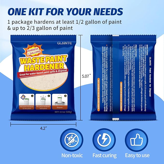 GLAINTE Waste Away Paint Hardener 12 Packs, 3.5oz - Fast Acting Solid Hardener - Drying Powder for Water-based Paint with 15 Pcs Wooden Stir Sticks