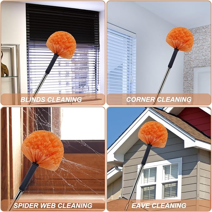 2 Pack Orange Twist-On Cobweb Duster Head Brush, Fits Standard 3/4 inch Threaded Poles, Attachment Brush, Spider Web Duster for Outdoor & Indoor Cleaning